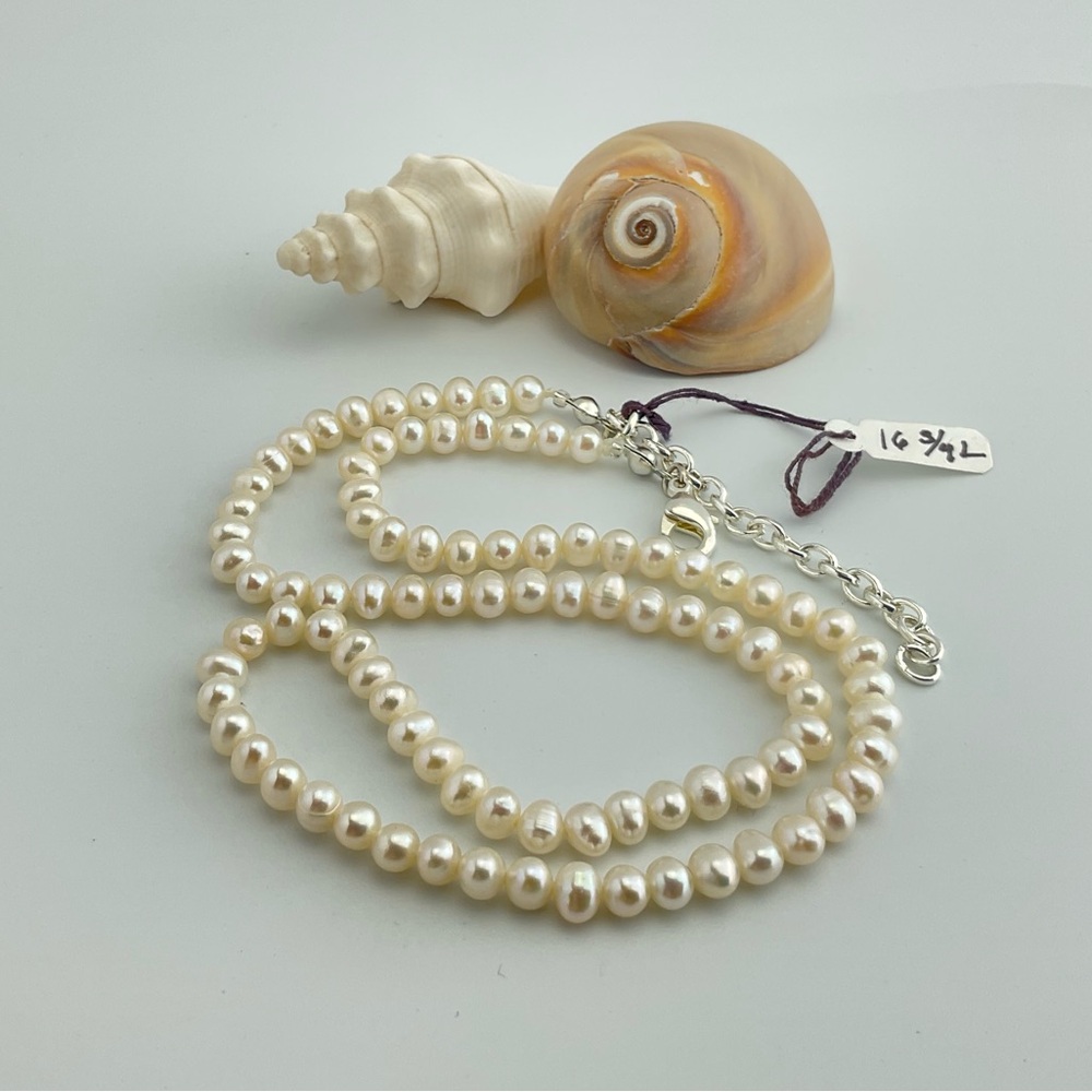 White Pearl Necklace, Oval Fresh Water Pearls, 16 3/4” Long, June Birthstone - Picture 1 of 11